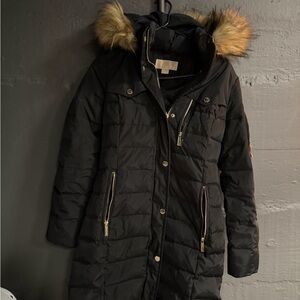 Michael Kors Women's Black Puffer Coat with Faux Fur Hood